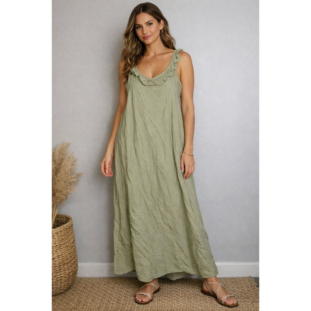 And Now Crushed Oregano Sleeveless Ruffle Maxi Dress Size Large NWT